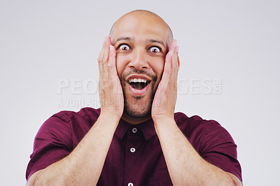 Buy stock photo Shock, surprise and portrait of a man in studio with excited, wow or omg facial expression. Happy, smile and face of male model with good news, success or achievement to celebrate by gray background.