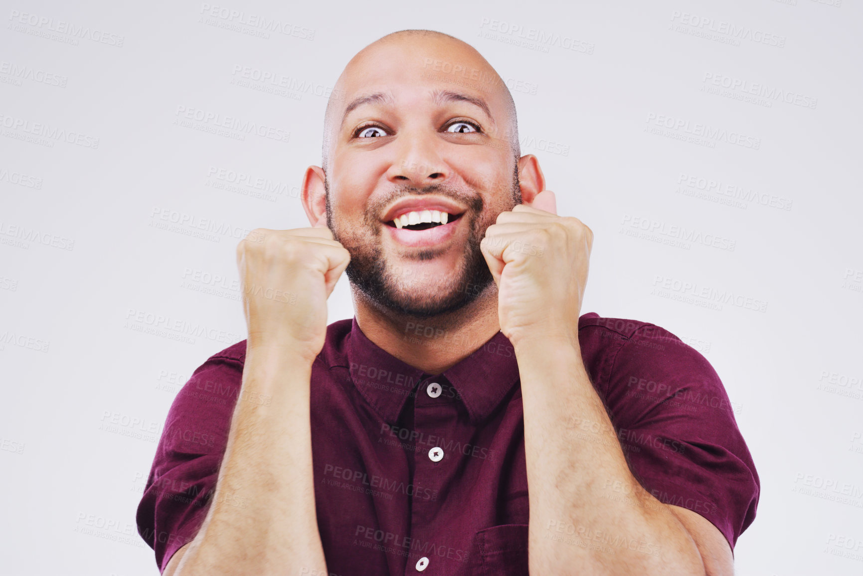 Buy stock photo Celebration, excited and portrait of a man in a studio with a surprise, wow or omg facial expression. Happy, smile and face of male model with fist pump to celebrate an achievement by gray background