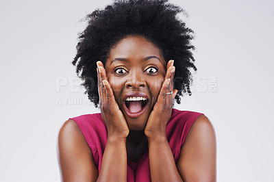 Buy stock photo Surprised, hands and black woman in studio portrait, announcement and shocked and wow for deal. Emoji, discount and promotion sale with customer, background and omg or face expression for giveaway