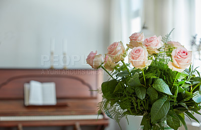 Buy stock photo Bouquet, roses and flowers for decoration at house as valentines day gift, present and anniversary. Sustainable, floral arrangement and catering of special event, romantic gesture and interior design