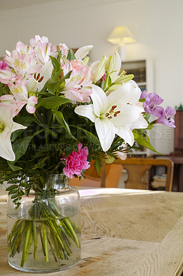 Buy stock photo Lily, bouquet and bunch of flowers, house and nature of plants, spring and celebration for valentines day. Decoration, petals and textures of table, leaves and blossom of vase and water in home