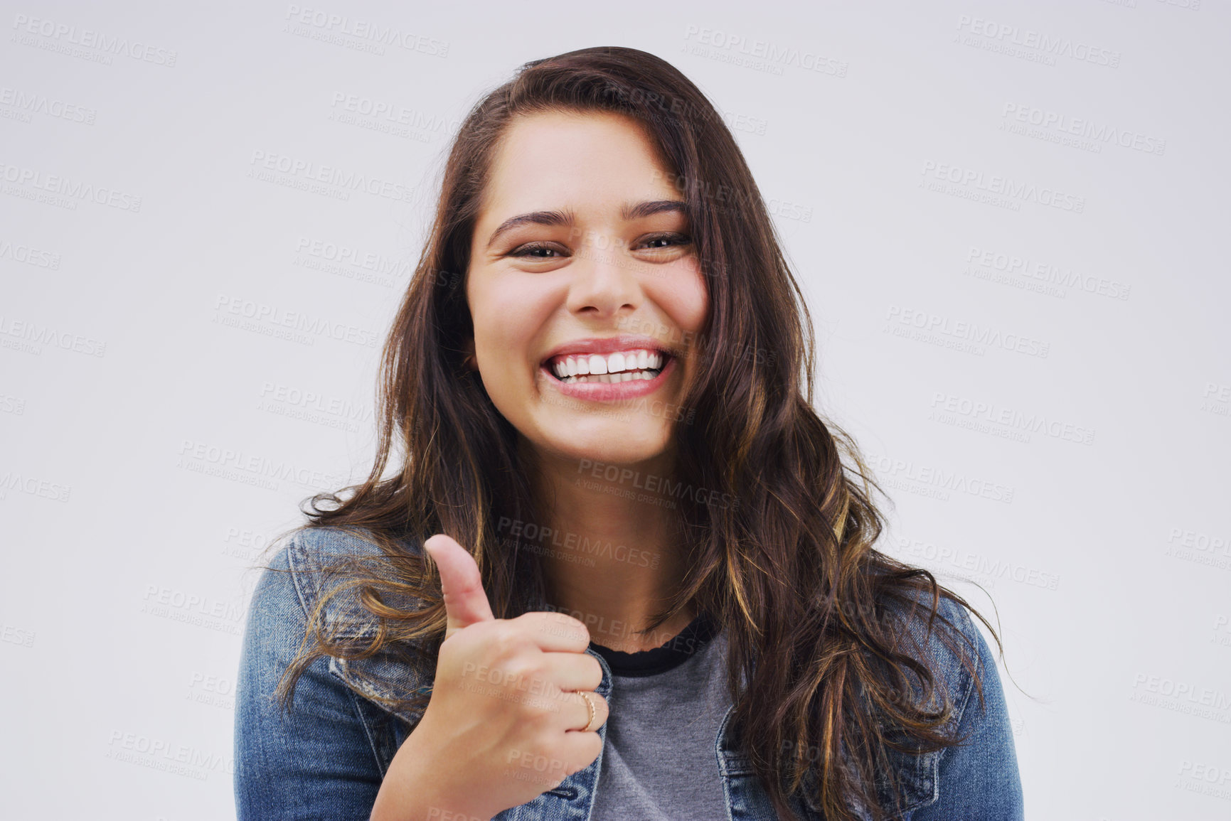 Buy stock photo Happy, portrait and woman with thumbs up support in studio for thank you, congratulations or praise on white background. Yes, face and girl model with OK emoji for success, agree or sign up promotion