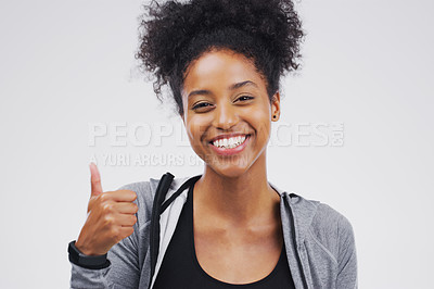 Buy stock photo Studio, portrait and black woman with thumbs up for approval, deal and yes with mockup. Agreement, smile and happy girl with good hand gesture, satisfaction expression or sign by white background 