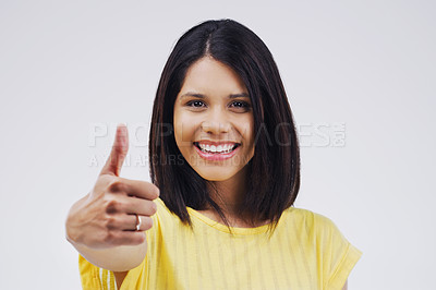 Buy stock photo Studio, portrait and woman with thumbs up for approval, deal and yes with mockup. Agreement, face and happy female model with good hand gesture, satisfaction expression or sign by white background