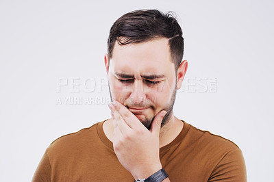 Buy stock photo Man, confused and thinking in studio white background for doubt, choice or remember. Male person, idea or memory with thoughts for question, difficult decision and contemplative or unsure of solution