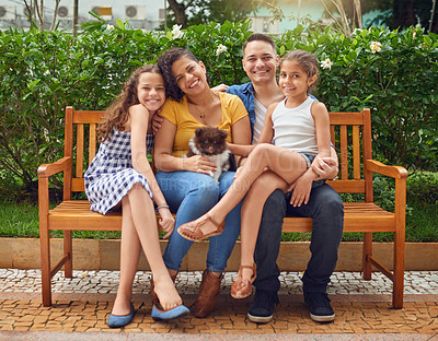 Buy stock photo Puppy, portrait or happy family on bench in park with smile and dog in nature garden for bonding together. Parents, dad or mom in home with love, pet or kid siblings on holiday vacation in France