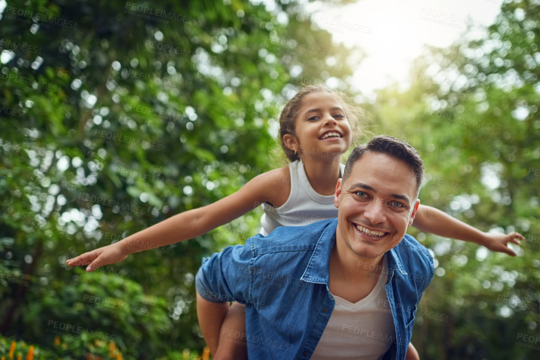 Buy stock photo Father, girl and happy with airplane in garden at home for bonding, support and playing. People, parent and smile with kid on portrait for memories, care and child development or growth on piggyback