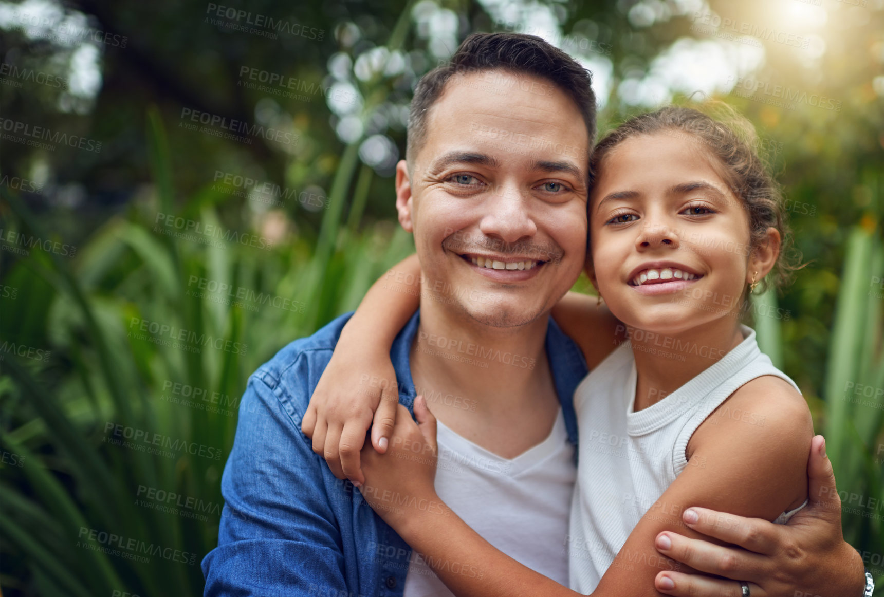 Buy stock photo Father, girl and happy with hug in garden on portrait for bonding, love and support in Mexico. People, smile and parent with kid for memories, trust and care at park for child development or growth