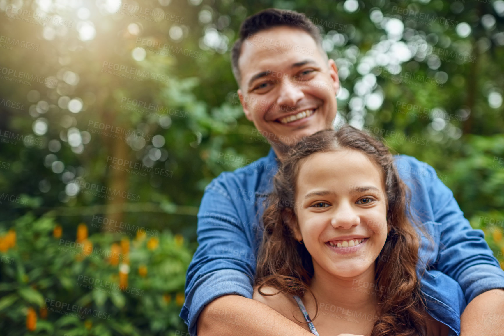 Buy stock photo Father, girl and happy with hug in garden on portrait for bonding, love and support in Mexico. Outdoor, smile and parent with kid for memories, trust and care at park for child development or growth