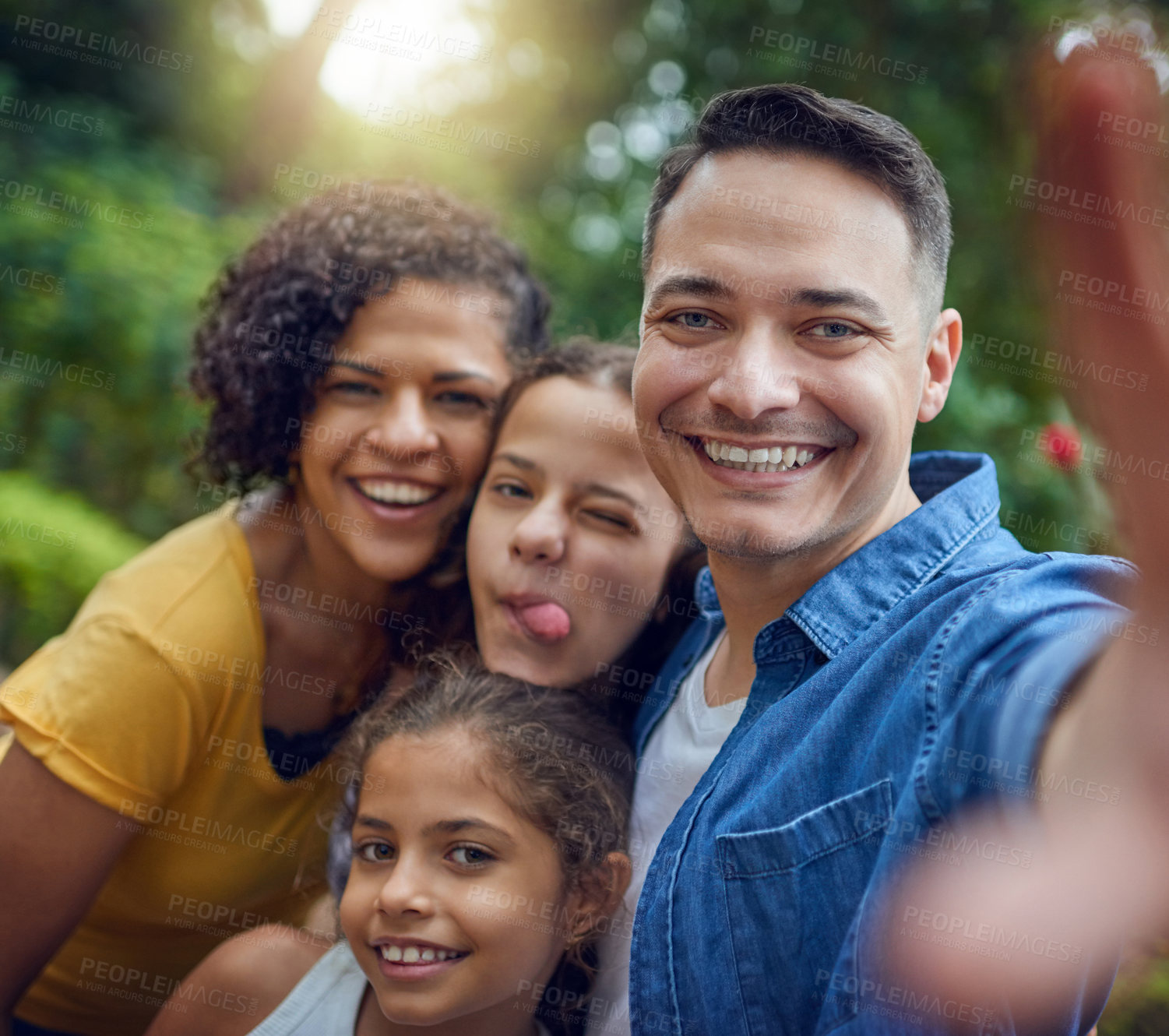 Buy stock photo Parents, girls and happy in garden with selfie for memories, bonding and social media post in Mexico. Outdoor, people and smile as family at home on portrait with support, care and trust for profile