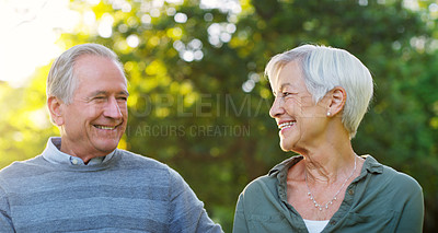 Buy stock photo Senior couple, happy and love outdoor at a park with a smile, care and support for health and wellness. A elderly man and woman in nature for a walk, quality time and healthy marriage or retirement