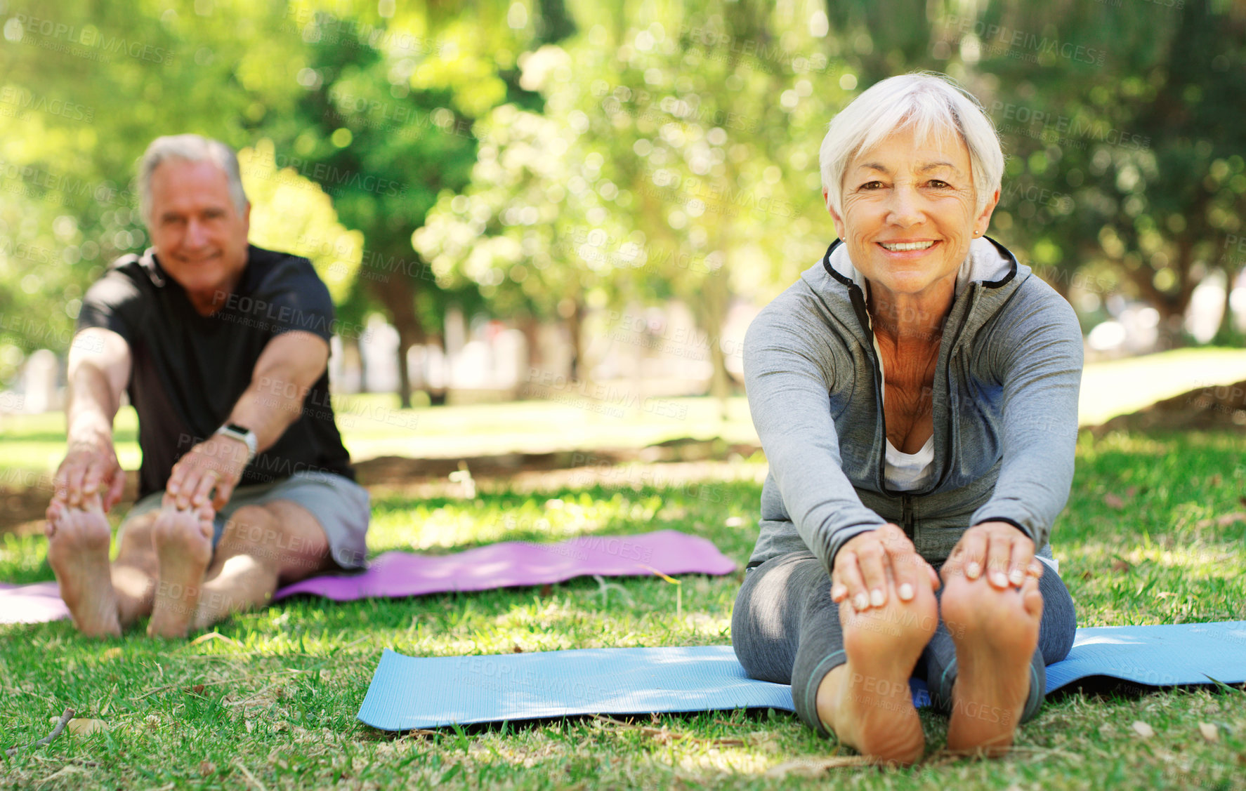 Buy stock photo Portrait, fitness and senior couple in a park, yoga and meditation for wellness, workout and healthy lifestyle. Face, mature woman or old man outdoor, stretching and exercise for balance or fresh air