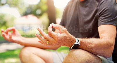 Buy stock photo Old man outdoor, yoga and meditation with lotus pose,  fitness in park with zen and spiritual healing. Male person hand, exercise in nature and retirement, health with wellness and mindfulness