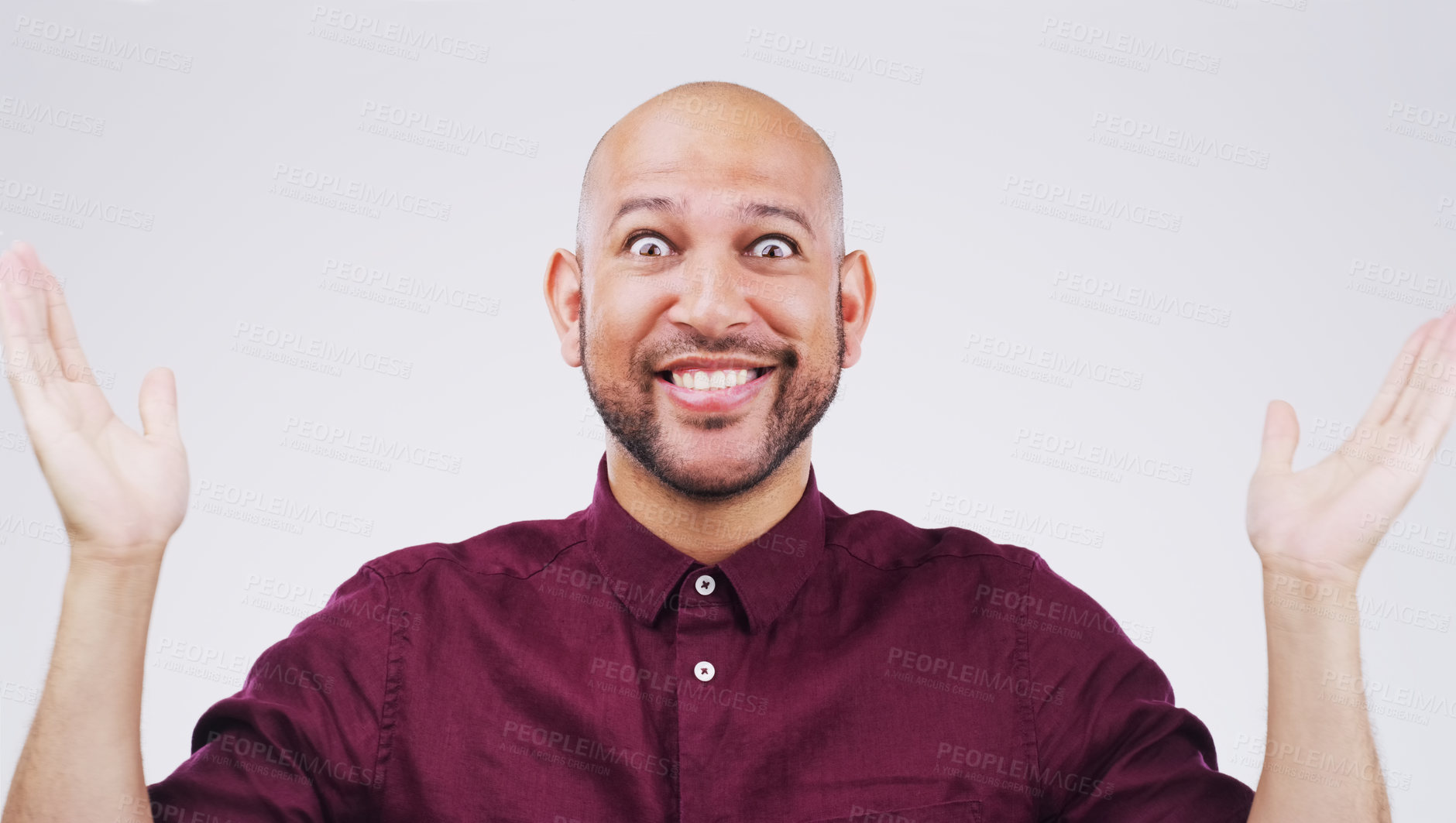 Buy stock photo Man, portrait and hands up in studio for choice, clueless and decision on white background. Casual fashion, why and male person with shrug for comparison, questions and puzzled with smile and options