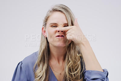 Buy stock photo Woman, portrait and pig nose in studio for funny face, humor or joke or comedy on white background. Female person, childish and casual fashion with hand gesture for teasing, comic and geeky or quirky