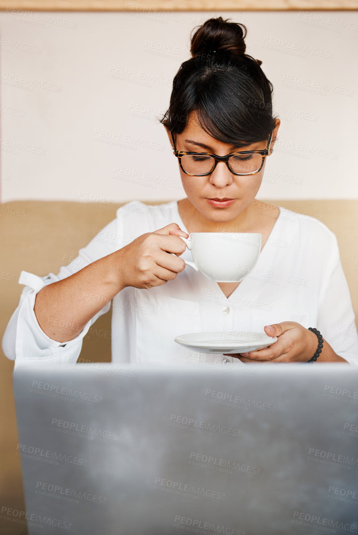 Buy stock photo Woman, laptop and coffee for remote work at cafe, tea beverage and freelancer for networking client. Female person, cappuccino and bistro for copywriter planning, restaurant internet and research