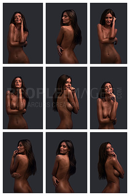 Buy stock photo Composite shot of an attractive young woman posing nude against a dark background