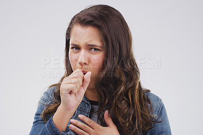 Buy stock photo Young woman, cough and studio portrait with virus, covid 19 or sick with breathing problem. Girl, allergy or tuberculosis with struggle to breathe, asthma or pain in lungs with healthcare challenge