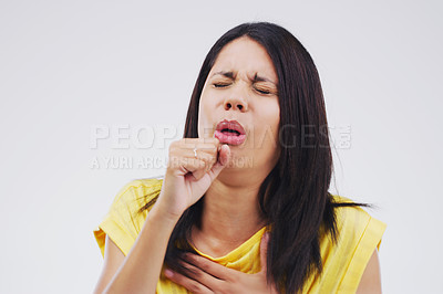 Buy stock photo Woman, cough and studio with virus, sick or covid 19 with breathing problem by background. Girl, allergies or tuberculosis with struggle to breathe, asthma and pain in lungs with healthcare challenge