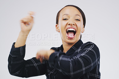 Buy stock photo Portrait, black woman and dancing in studio for celebration, winning prize or promotion with white background. Movement, happiness and female person for satisfaction, good news or stress relief