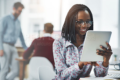 Buy stock photo Tablet, smile and businesswoman in office with email for positive feedback from finance client. Reading, digital technology and African financial broker with increase in foreign exchange currency.