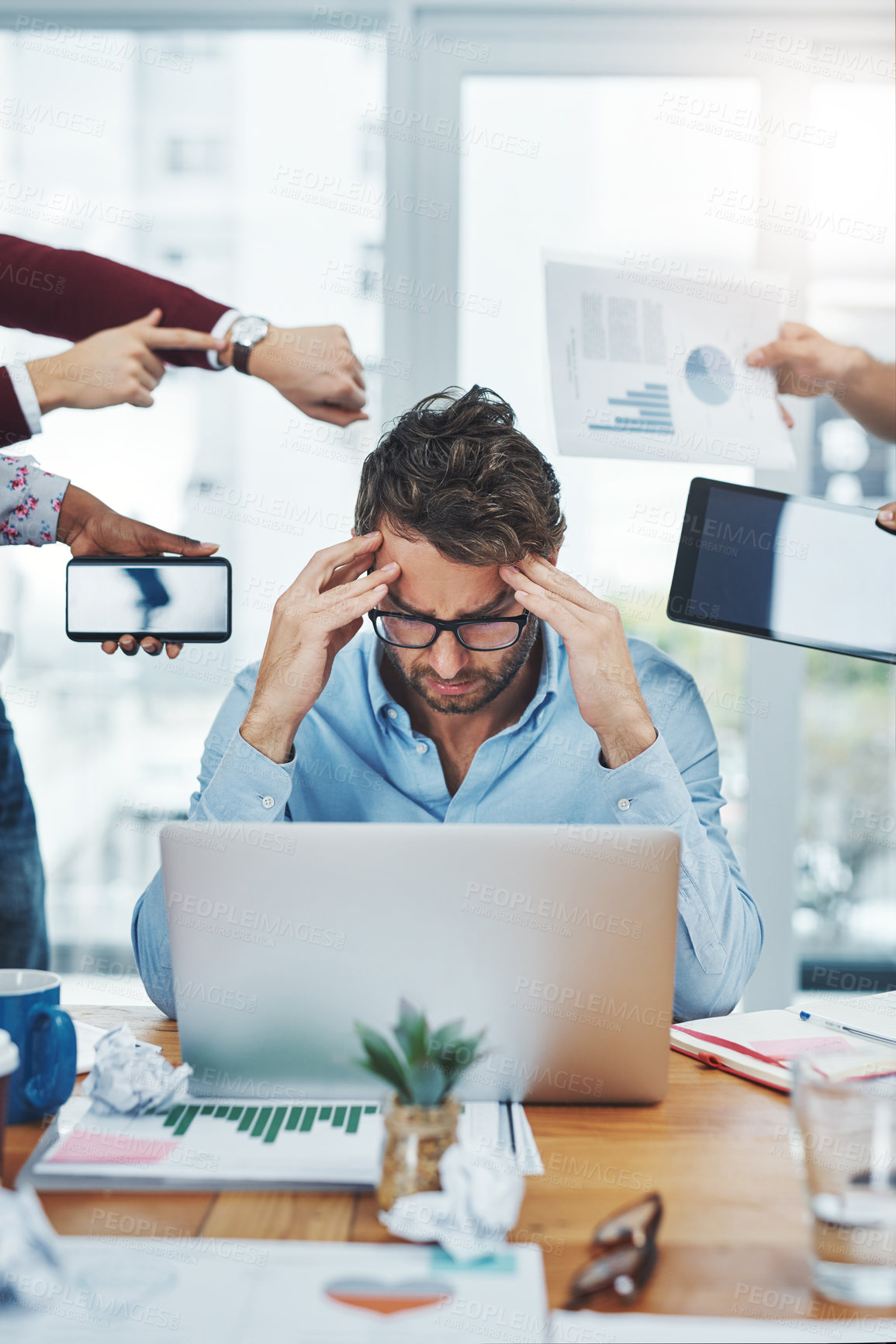 Buy stock photo Multitask, man and headache at desk with deadlines, stress and burnout at laptop in office. Businessman, overwhelmed and technology in workplace with anxiety, tension and depression at computer