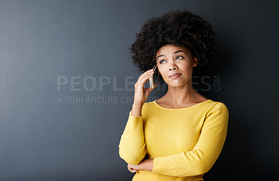 Buy stock photo Black woman, thinking and phone call with questions, ideas, doubt emoji in studio background. African, face or person confused in conversation with drama, gossip or listening to contact communication