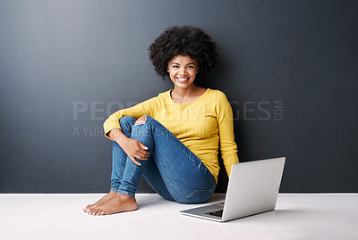 Buy stock photo Online class, work and portrait of black woman with laptop, mockup and happiness on floor in studio background. Computer, research or college student typing on keyboard for work, project or elearning
