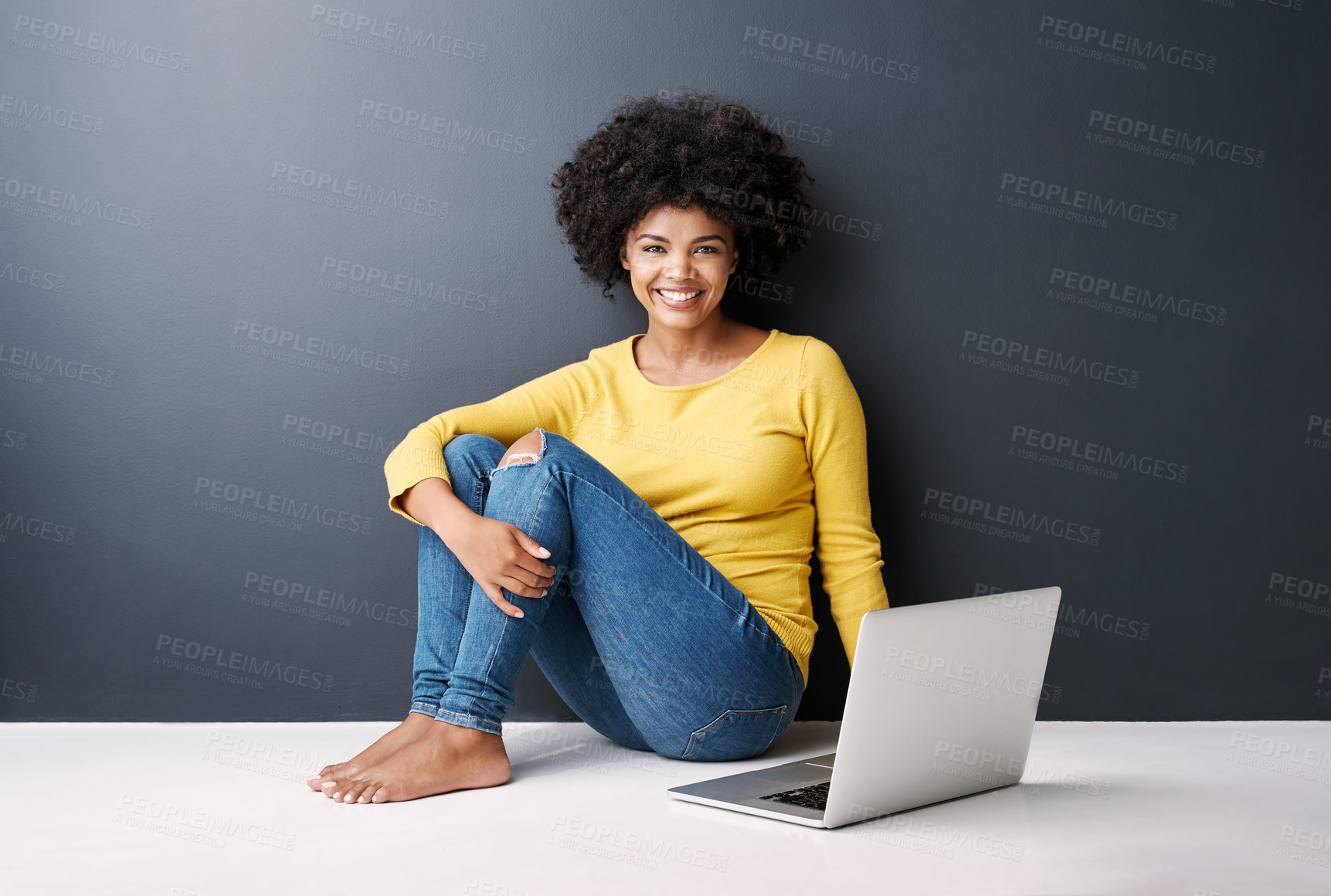 Buy stock photo Online class, work and portrait of black woman with laptop, mockup and happiness on floor in studio background. Computer, research or college student typing on keyboard for work, project or elearning