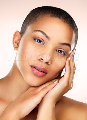Buy stock photo Portrait, skincare and beauty of woman in makeup for wellness, health or touch in studio isolated on white background. Face, bald and serious young model in cosmetics for glow, shine and dermatology