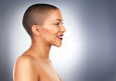 Buy stock photo Profile, woman and smile in studio for skincare, cosmetics and makeup on backdrop. Female person, facial treatment and wellness by grey background for beauty, dermatology and foundation for glow