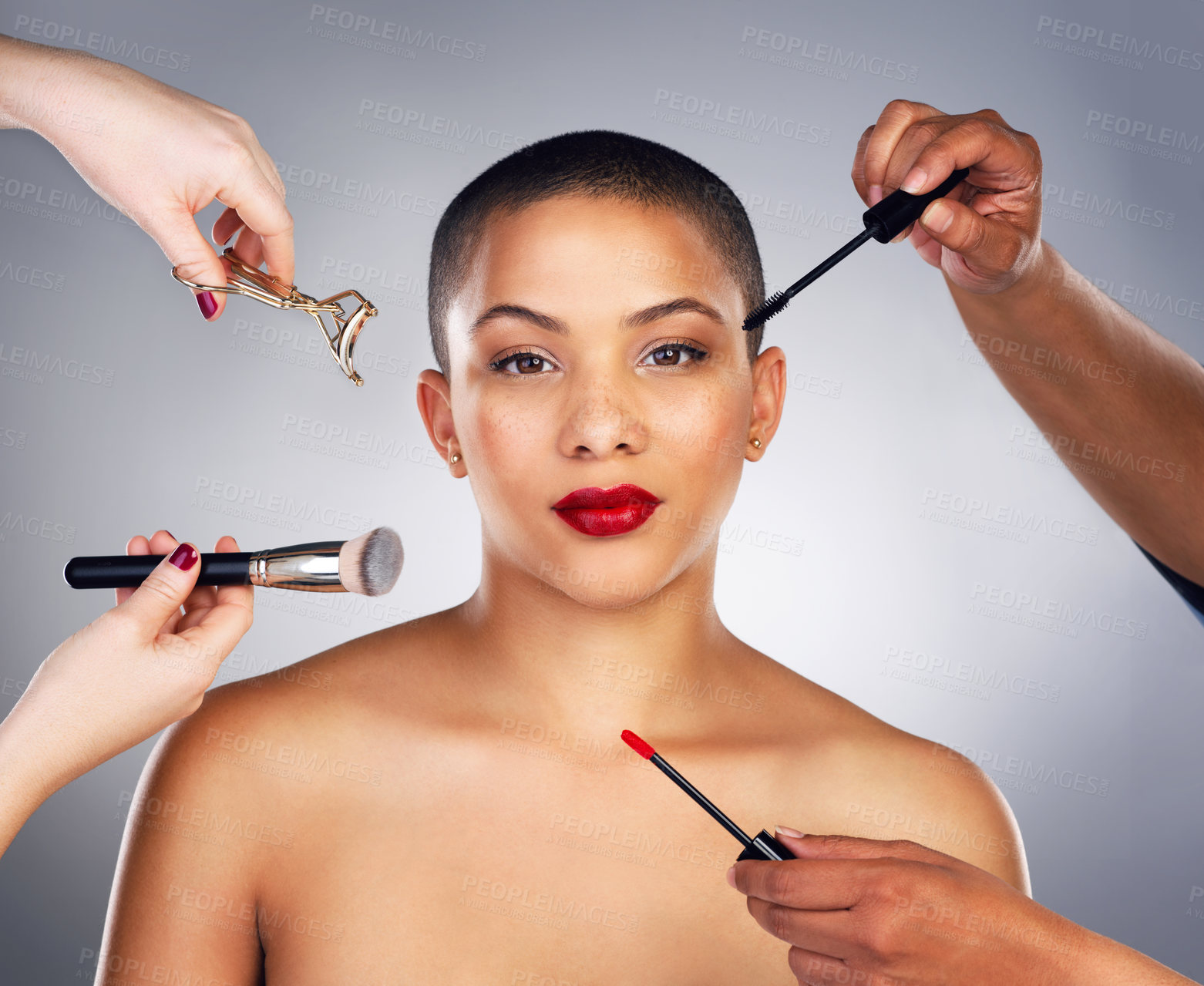 Buy stock photo Hands, brushes and portrait of woman with red lips in studio for lipstick and mascara routine. Cosmetics, beauty and face of female person with facial cosmetology treatment by gray background.