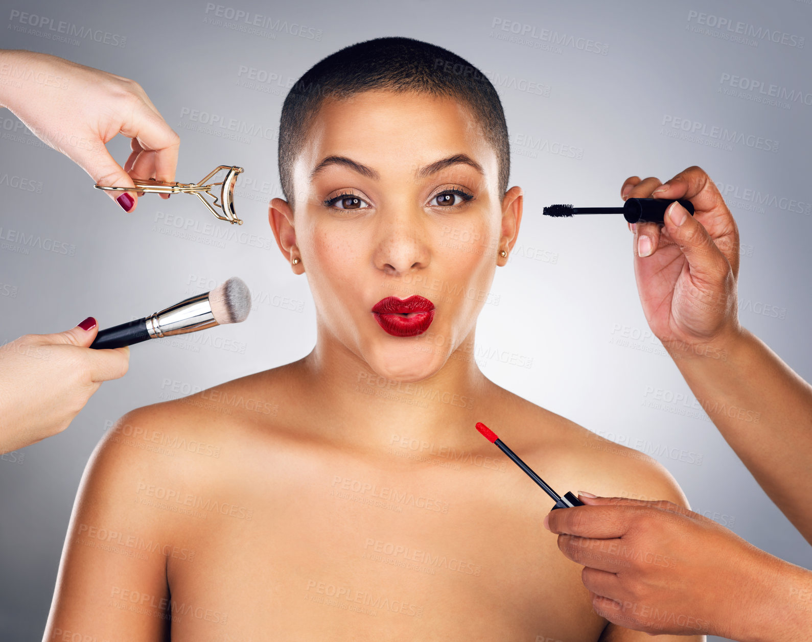 Buy stock photo Hands, cosmetic brushes and portrait of woman with red lips in studio for lipstick and mascara routine. Makeup, beauty and face of female person with facial cosmetology treatment by gray background.