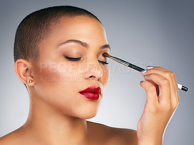 Buy stock photo Makeup, brush and woman with red lips in studio for lipstick and mascara beauty routine. Cosmetics, confident and face of female person with facial cosmetology treatment isolated by gray background.