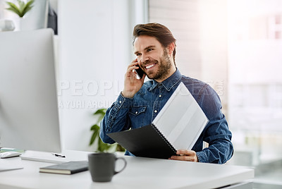 Buy stock photo Office, phone call and man with file, smile and listening to feedback, project and computer for web design. Communication, consulting and person with mobile, conversation and documents in business