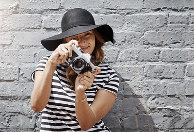 Buy stock photo Woman, photography and vintage camera by wall in portrait for media, press and newspaper article in city. Person, journalist and shooting in street for investigation, story and happy in Los Angeles