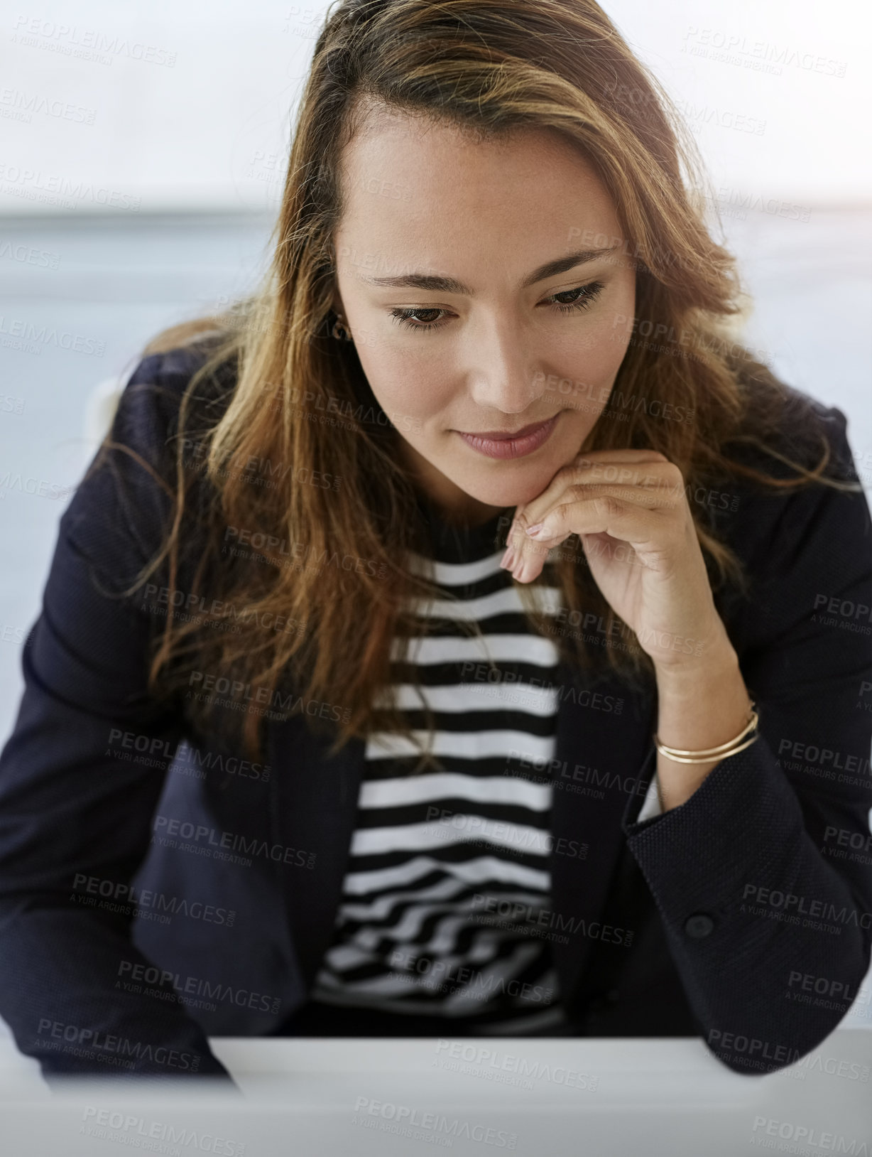 Buy stock photo Woman, thinking and tech in office for business, finance management and innovation for company growth. Accountant, computer and reading idea in firm for career development, tax clearance and admin