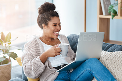 Buy stock photo Happy woman, laptop and coffee while laughing on home sofa for meme or funny video. Real female person relax on a couch with tea cup, internet connection and tech for streaming online on website