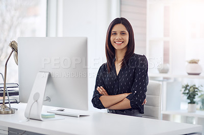 Buy stock photo Arms crossed, portrait and smile of businesswoman at desk in office for administration career. Computer, report and research with happy employee in professional workplace for agency development