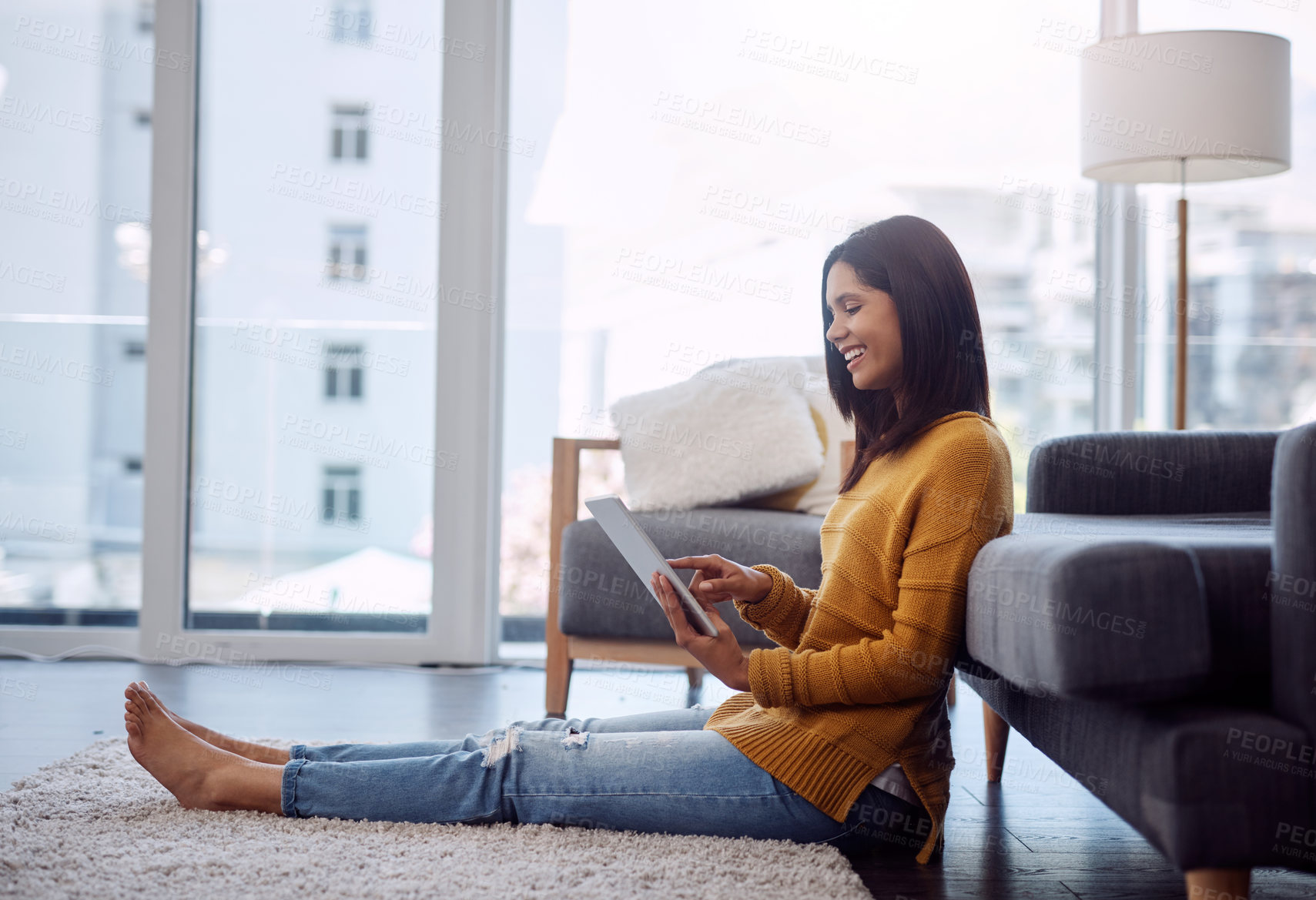 Buy stock photo Sofa, happy and woman with tablet on floor for website, registration or digital information on email. Home, relax and female person with tech in living room for ecommerce, network or online shopping