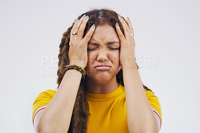 Buy stock photo Portrait, young and woman with headache in studio  for stress, frustration and strain from burnout. Anxious, female person and migraine with pain from negative tension, health and risk for overwork
