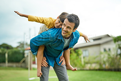 Buy stock photo Love, children and a son on back of his dad outdoor in the garden to fly like an airplane while bonding together. Family, kids and a father carrying his male child while playing a game in the yard