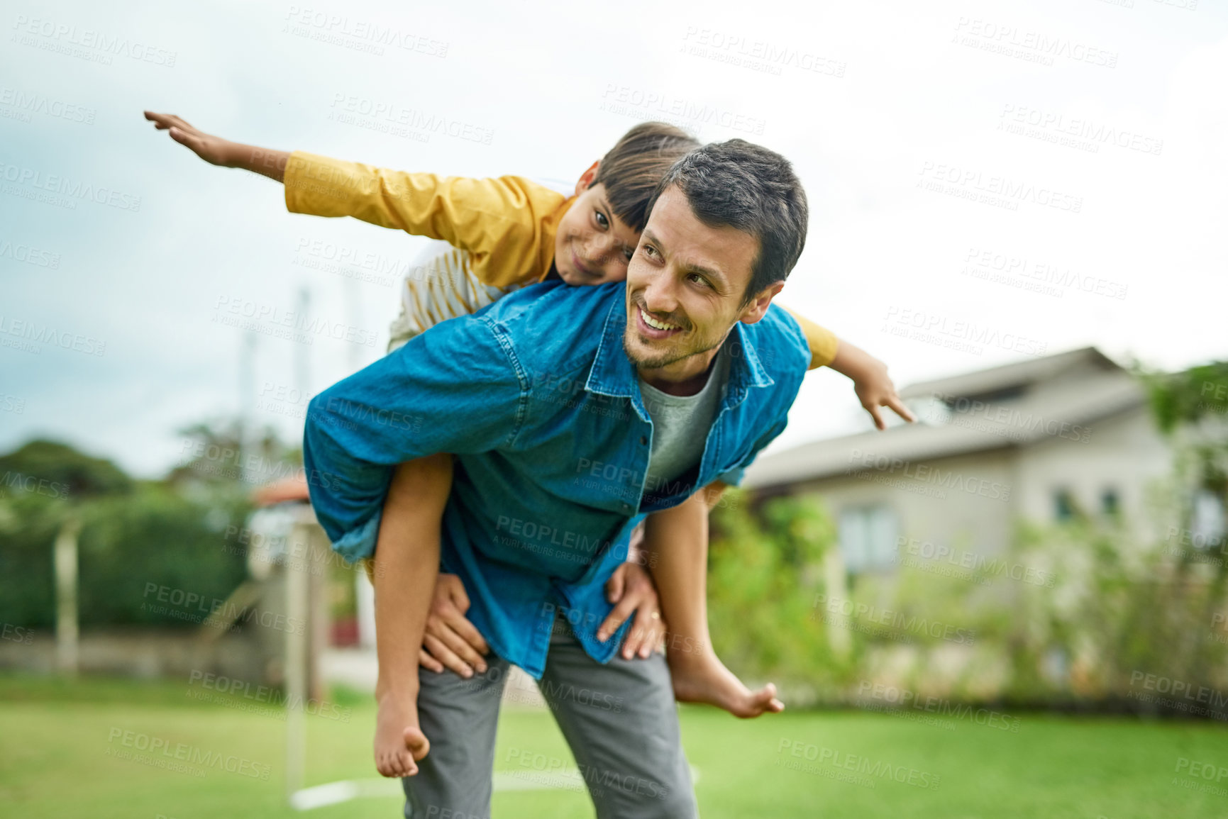 Buy stock photo Love, children and a son on back of his dad outdoor in the garden to fly like an airplane while bonding together. Family, kids and a father carrying his male child while playing a game in the yard