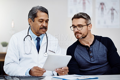 Buy stock photo Results, talking and doctor with a man and tablet for consulting, advice and help with health. Planning, medicine and a mature hospital worker speaking to a patient about medical service on tech