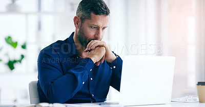 Buy stock photo Stress, thinking and laptop with a business man looking confused while working on a project or proposal in his office. Problem solving, idea and computer with a male employee in doubt at work