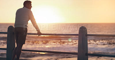 Buy stock photo Back view, sunset and thinking man by beach on vacation or holiday mockup space. Ocean, idea and male person relax outdoor by sea for travel, freedom and enjoying summer peace alone at promenade.