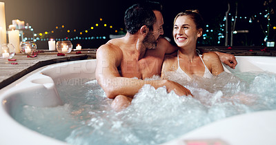 Buy stock photo Love, relax and couple in a hot tub, night and holiday for a break, bonding and happiness. Partners, mature man and woman in a jacuzzi, vacation and loving together with fun, relationship and marriage