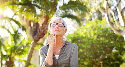 Buy stock photo Old woman, vision or thinking at a park, reflection or remember with nostalgia and choice for life extension treatment. Retirement, wellness and relax in garden, mindfulness and hope for antiaging