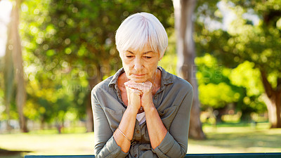 Buy stock photo Old woman, praying or thinking in park, sad with grief or loss, dementia diagnosis and health scare with faith or reflection. Hope, memory or depressed with worship, nostalgia or regret with religion