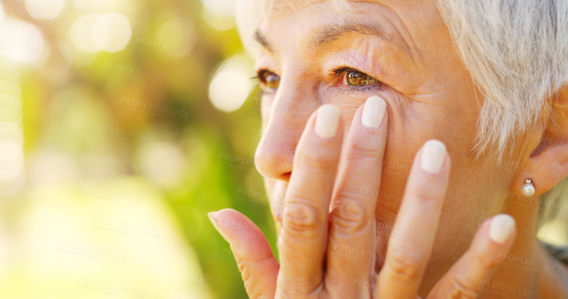 Buy stock photo Cry, sad and headshot of senior woman outdoor in park, garden and nature for wellness and relax in summer. Stress, depression or mature lady in retirement for peace by trees, sunshine and environment